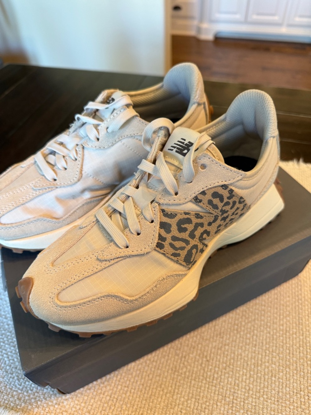 New Balance Women's Tan Sneakers with Leopard Side Panel